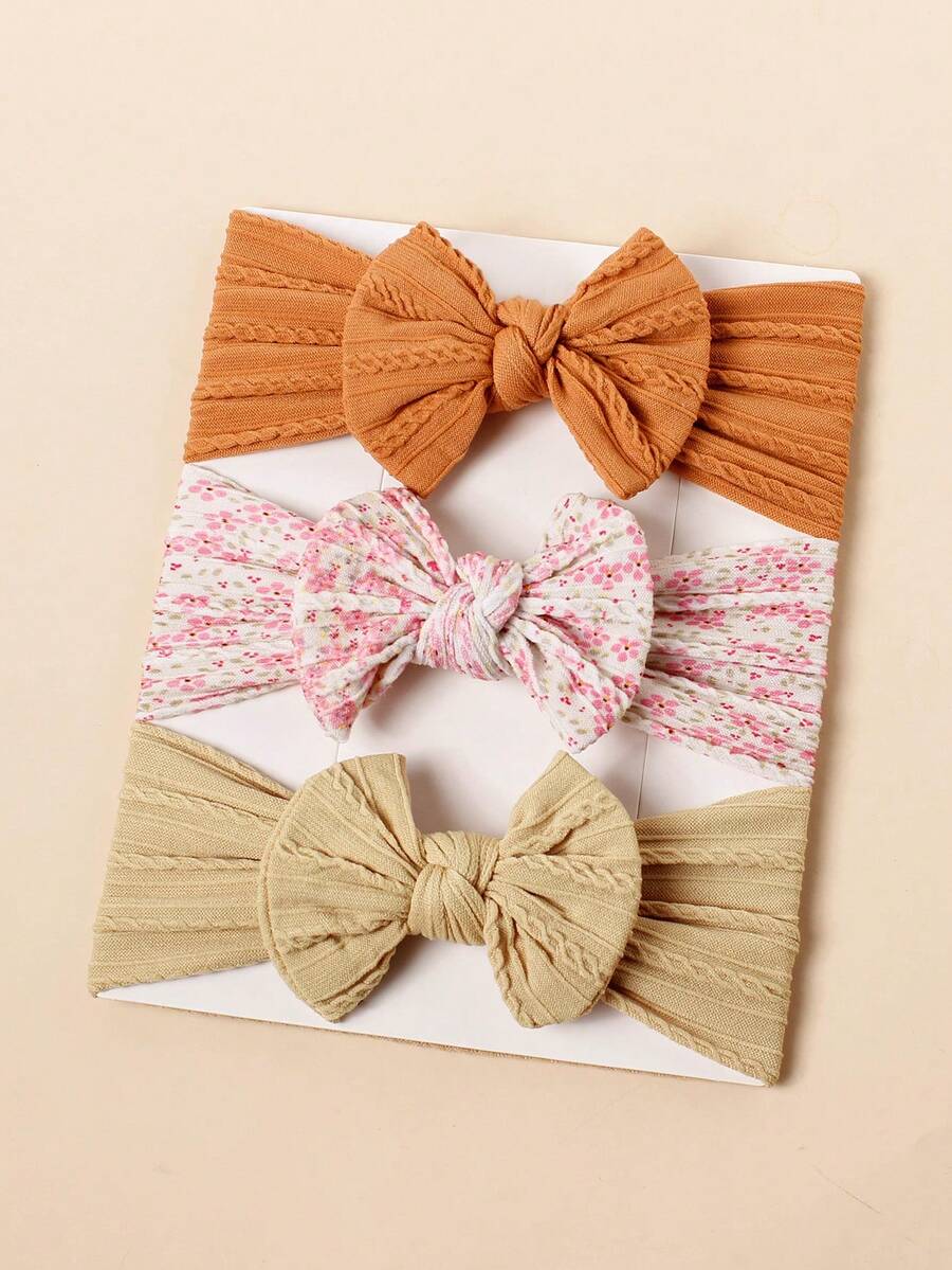 3入組兒童/嬰兒柔軟透氣的尼龍蝴蝶結頭帶,花卉印花 - 卡其色 - 查看 1