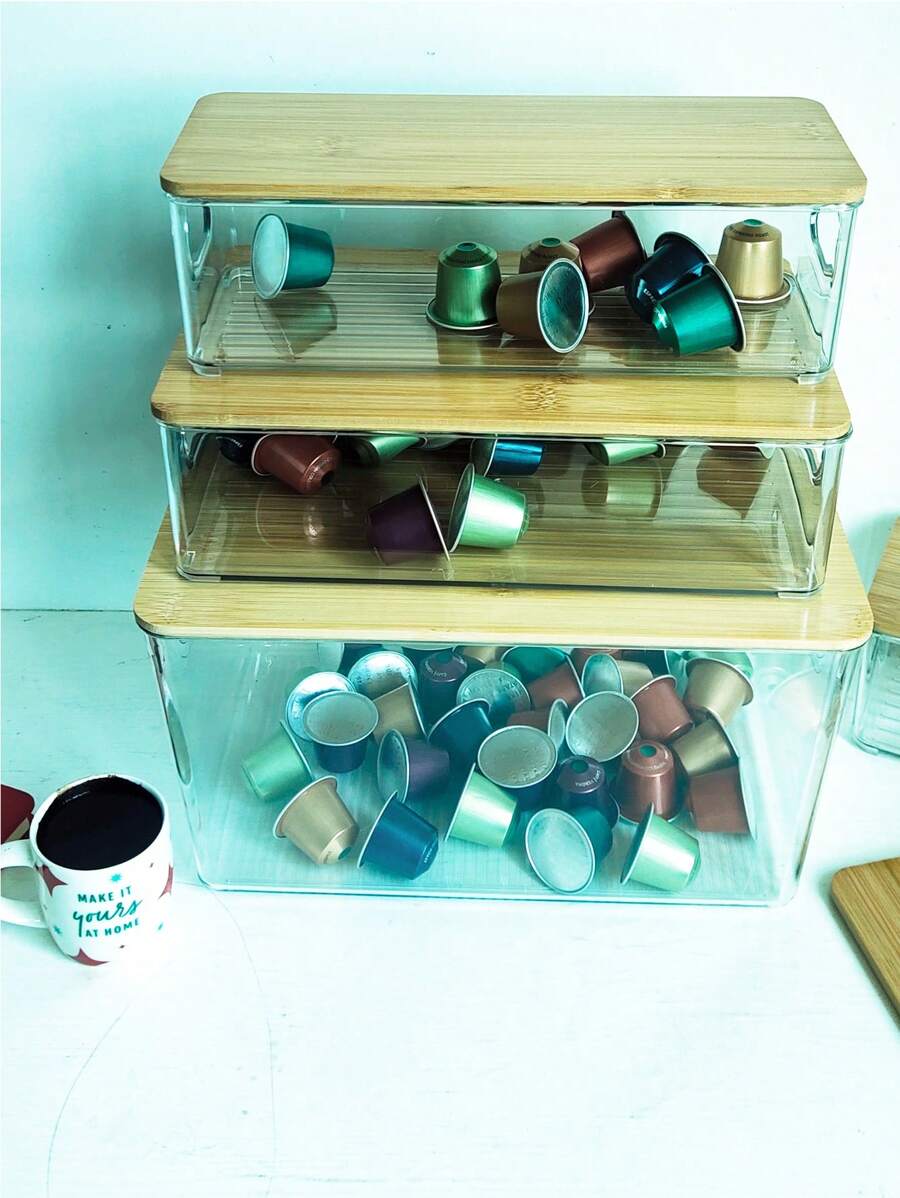 1個透明長方形咖啡膠囊糖果收納盒,竹蓋裝置 - 白色 - 查看 1