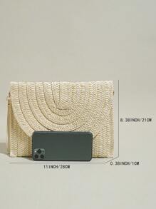 Bolso de mano de paja para mujer, bolso tipo sobre tejido, cartera cruzada, bolso de mano, bolso de hombro - Beis - Ver 4