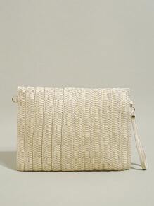 Bolso de mano de paja para mujer, bolso tipo sobre tejido, cartera cruzada, bolso de mano, bolso de hombro - Beis - Ver 6