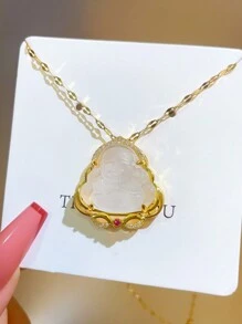 2024年新品[鈦金屬]幸運翡翠佛吊墜及鋯石裝飾項鍊,適用於女士,緊身繞頸項鍊 - 白色 - 查看 2