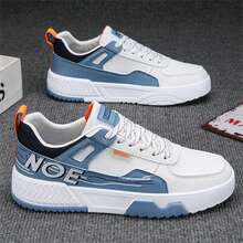男士运动鞋青年滑板鞋时尚百搭新款小白鞋街拍圆头平底防滑透气pu皮面休闲运动鞋 - 藍色 - 查看 1