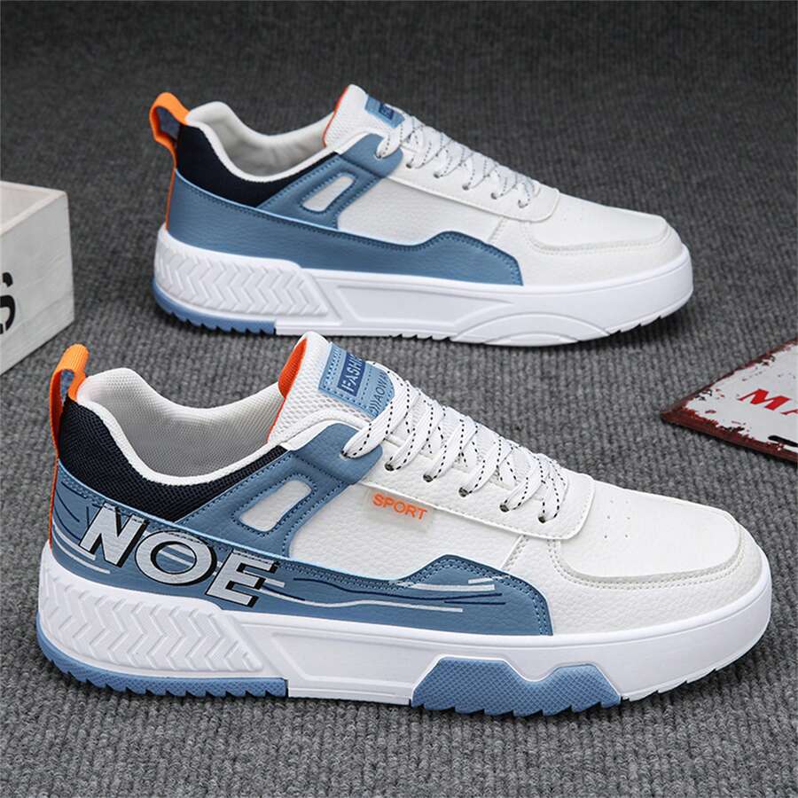 男士运动鞋青年滑板鞋时尚百搭新款小白鞋街拍圆头平底防滑透气pu皮面休闲运动鞋 - 藍色 - 查看 1