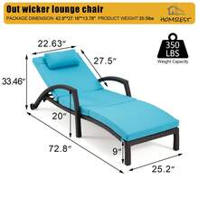 HOMREST Outside Chaise Lounge Chairs Set Of 2, Adjustable 6 Position Outdoor PE Rattan Wicker Patio Pool Lounge Chair With Cushion, Arm, Pillow And Wheels For Poolside Backyard Deck Porch Garden - Màu xanh lam - Xem 2