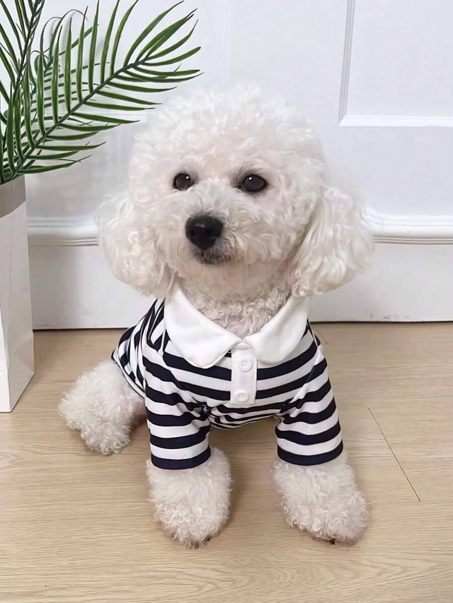 1pc Pet Polo Shirt With Striped Pattern, Soft And Comfortable Fabric, Suitable For Small And Medium-sized Dogs And Cats, Perfect Outfit For Beach Vacation And Casual Style