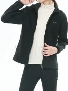 女式軟殼拼接抓絨戶外連帽夾克,黑色 - 黑色 - 查看 5