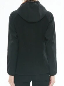 女式軟殼拼接抓絨戶外連帽夾克,黑色 - 黑色 - 查看 3