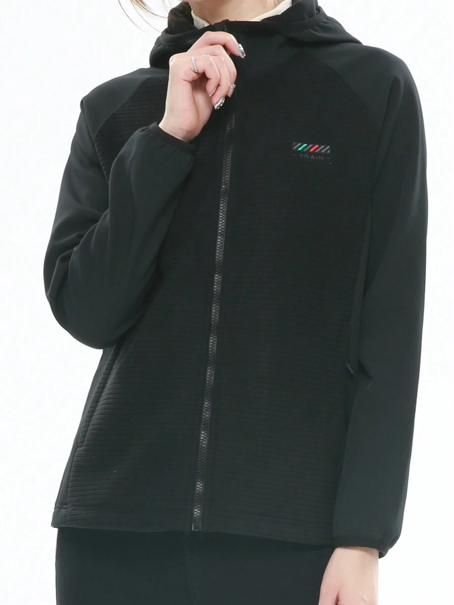 女式軟殼拼接抓絨戶外連帽夾克,黑色 - 黑色 - 查看 1