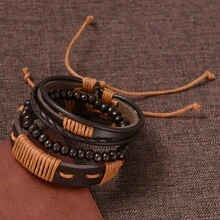 4 cái/bộ Nam chất liệu da PU Dây đeo Công sở Giản dị Đồng hồ thạch anh Và Vòng tay Bộ dụng cụ - Rỉ Nâu - Xem 4