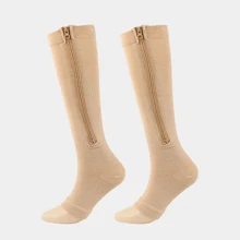 1pair Open Toe Compression Socks With Foot Decoration, Zipper Knee Socks - Apricot - View 2