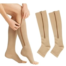 1pair Open Toe Compression Socks With Foot Decoration, Zipper Knee Socks - Apricot - View 1