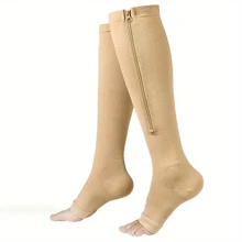 1pair Open Toe Compression Socks With Foot Decoration, Zipper Knee Socks - Apricot - View 3