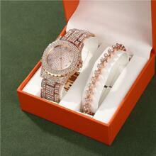 2pcs Set Women's Aluminum Alloy Waterdrop Rhinestone Watch & Bracelet Combo With Roman Pattern Dial, Night Light Pointer And Daily Decoration (box Not Include) - Gold - View 3