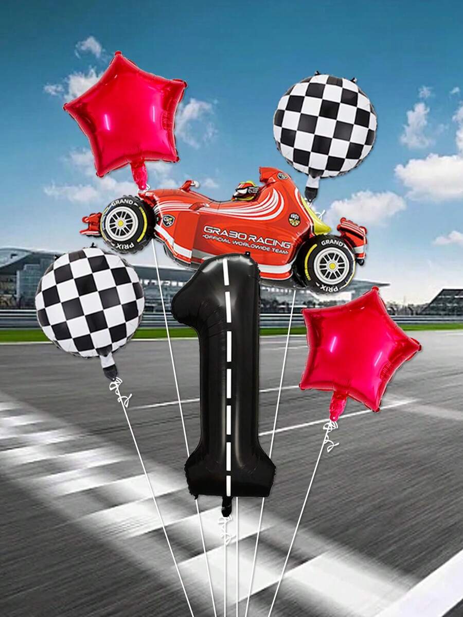 6pcs Red Racing Car Balloon Set, 40-inch Black Stripe Number Balloon ...