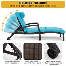 HOMREST Outside Chaise Lounge Chairs Set Of 2, Adjustable 6 Position Outdoor PE Rattan Wicker Patio Pool Lounge Chair With Cushion, Arm, Pillow And Wheels For Poolside Backyard Deck Porch Garden - Màu xanh lam - Xem 5