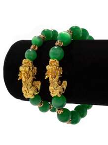 1 件 3 色猫眼石貔貅串珠弹性手链、猫眼石和玉石串珠手链、DIY 水晶和玛瑙圆珠貔貅手链、黑曜石时尚精致情侣手链 - 綠色 - 查看 2