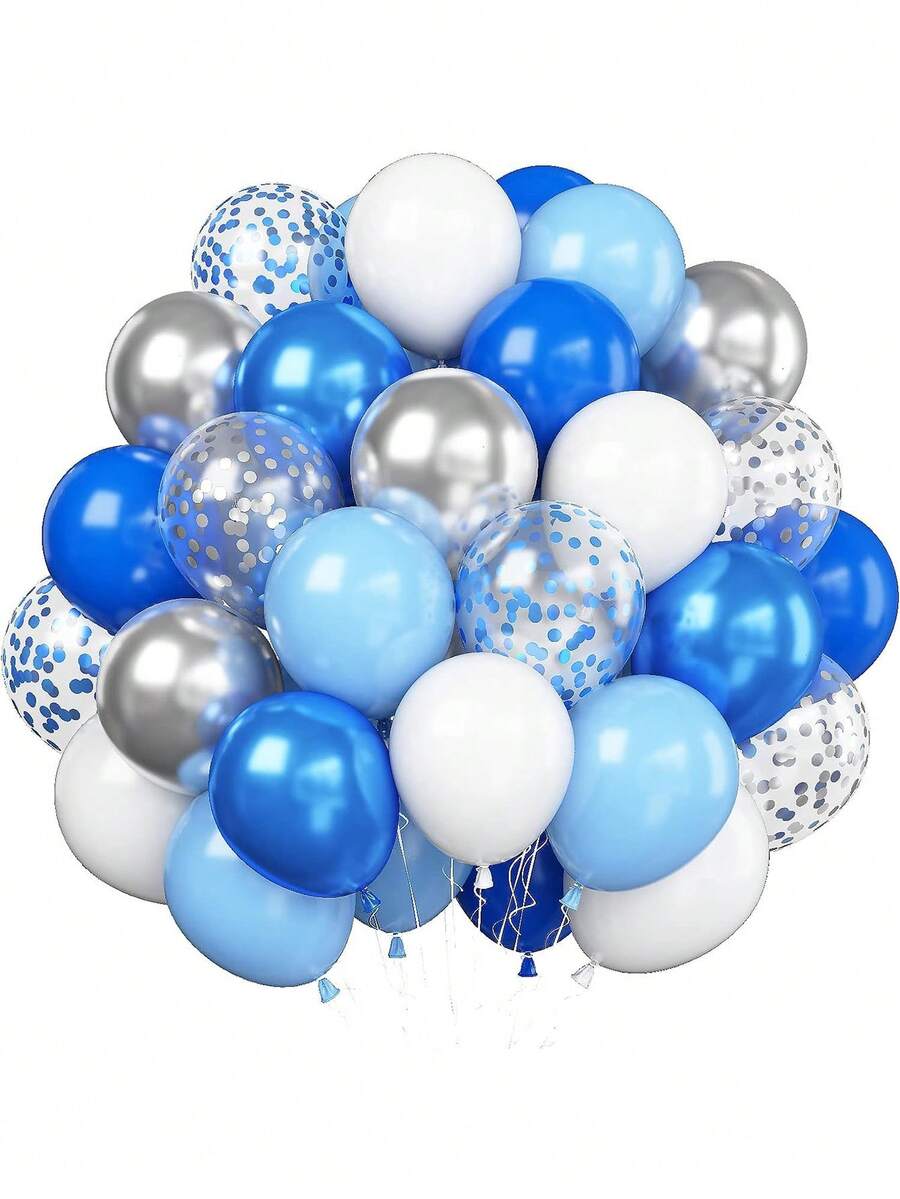 35 件裝 12 英寸馬卡龍藍色啞光白色銀色金屬藍色氣球套裝帶 1 件氣球卷絲帶生日週年紀念嘉年華畢業送禮會主題派對裝飾 - 彩色 - 查看 1