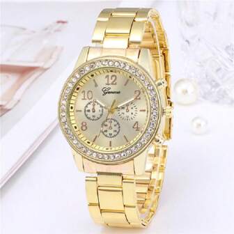 1pc Faux Three-Eye Round Alloy Case Steel Band Quartz Wrist Watch For Women, Fashion Rhinestone Luminous Pointer Quartz Watch Suitable For Daily Wear
