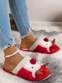 Ins風格家用防滑保暖毛絨鞋女士款,冬季情侶家居可愛聖誕麋鹿拖鞋