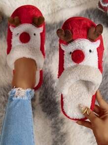 Ins風格家用防滑保暖毛絨鞋女士款,冬季情侶家居可愛聖誕麋鹿拖鞋