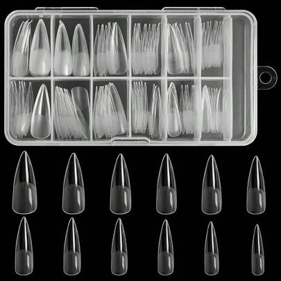 120 Stück halbmatt lange spitze Kunstnägel in 12 Größen für Nagelverlängerung/Kunst/DIY, transparente Box-Packung zum Aufkleben, Nagelbedarf