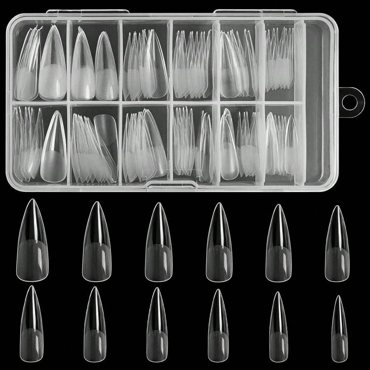 120pcs Half-Matte Long Pointed False Nails In 12 Sizes For Nail Extension/Art/Diy, Transparent Box Pack Press On Nails Nail Supplies - Clear - View 1
