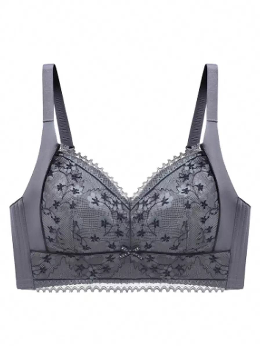 Adjustable Lace Full Cup Bra With Push Up, Wirefree - Dark Grey - View 1