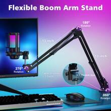 1 Set NJSJ USB Gaming Microphone For PC, Condenser Mic With Arm Mount Compatible With PS4///Mobile Phone, Touch Mute, RGB Lighting, Gain Knob And Monitoring Jack For Streaming, Podcast,