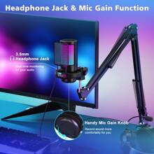 1 Set NJSJ USB Gaming Microphone For PC, Condenser Mic With Arm Mount Compatible With PS4///Mobile Phone, Touch Mute, RGB Lighting, Gain Knob And Monitoring Jack For Streaming, Podcast,