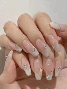 24入組長方形法式漸層鑽石裝飾全覆蓋可拆卸假指甲,女性和女孩的禮物,假甲貼,含甲膠和指甲檔,美甲首選 - 粉色 - 查看 1