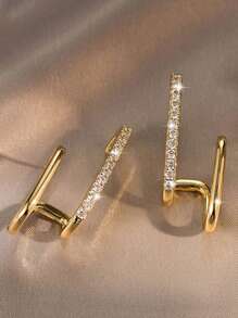 1pair Simple & Elegant Geometric Design Clear Rhinestone Stud Earrings Suitable For Women's Daily Wear And Parties - Yellow Gold - View 2