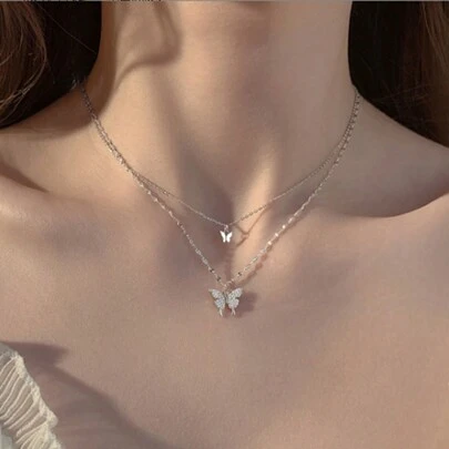 1 Miếng vui tươi & Thanh lịch Thiết kế con bướm Hai lớp Xương quai xanh Dây chuyền