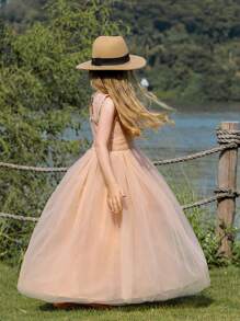 Vestido formal sin mangas de niña preadolescente con contraste de encaje champán y malla, para boda/niña de las flores