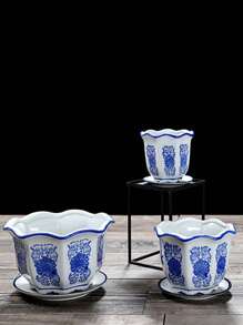 1個藍白瓷陶瓷花盆,大型多肉花盆,古色古香的中式盆套裝 - 白色 - 查看 1