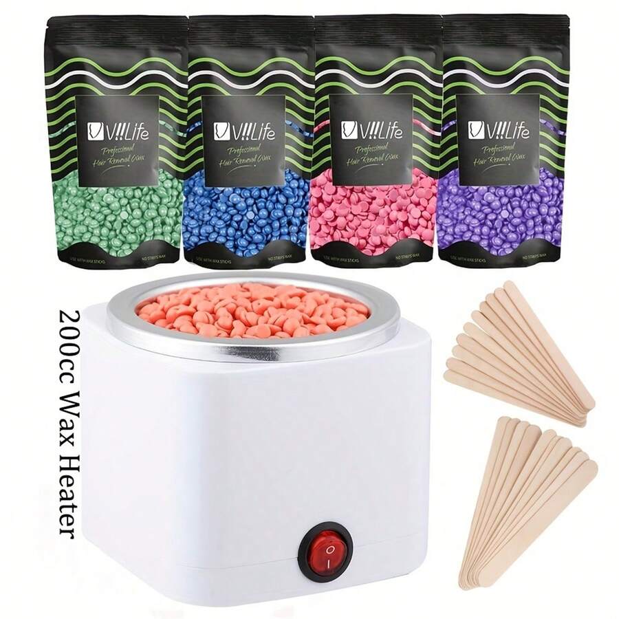 Waxing Hair Removal Kit, 200cc Wax Warmer, 4 Packs Depilatory Wax Beads