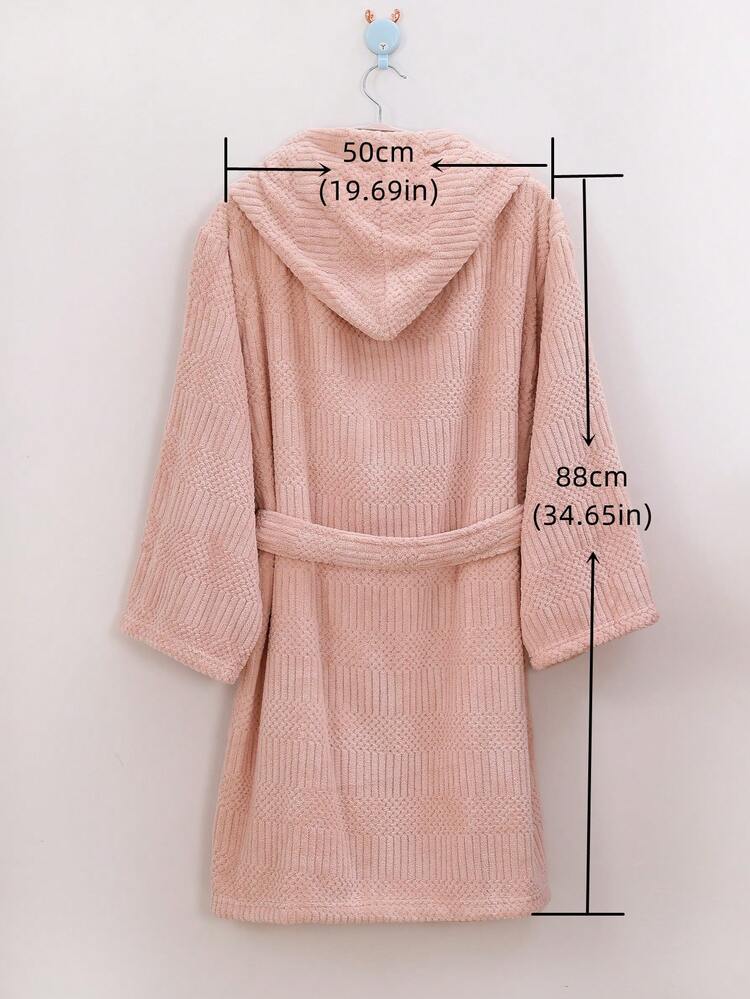 1pc Coral Fleece Auspicious Plaid Pattern Short Hooded Robe, Suitable For Slim Figures, Soft & Absorbent, For Bathroom, Bedroom, Pool Use