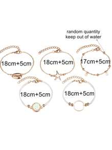 5pcs/set Mermaid Scale & Glitter & Starfish Design Sea Shell Metal Beaded Bracelet (bead Count Random) - Yellow Gold - View 5