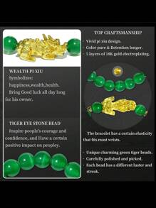 1 件 3 色猫眼石貔貅串珠弹性手链、猫眼石和玉石串珠手链、DIY 水晶和玛瑙圆珠貔貅手链、黑曜石时尚精致情侣手链 - 綠色 - 查看 3
