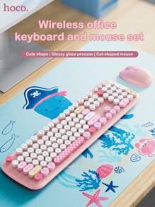 Cartoon Style Wireless Keyboard And Mouse Set, Cute And Suitable For Office And Home Use, Highly Attractive Value Retro Keyboard For Girls - Blue - View 2