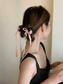 2pcs Women Fashion Long Ribbon Bow Hair Clips, Pink, Elegant, Cute, Thoughtful Gift