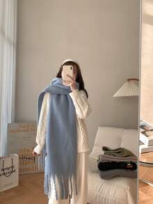 馬卡龍顏色素色圍巾,長毛絨,濃烈香調,長款領圍裹,情侶披肩適用於日常使用 - 霧霾藍 - 查看 2