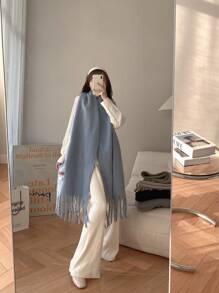 馬卡龍顏色素色圍巾,長毛絨,濃烈香調,長款領圍裹,情侶披肩適用於日常使用 - 霧霾藍 - 查看 1