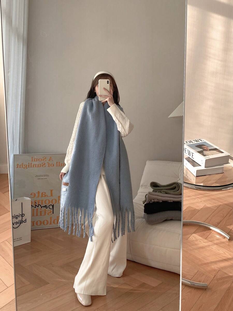 馬卡龍顏色素色圍巾,長毛絨,濃烈香調,長款領圍裹,情侶披肩適用於日常使用 - 霧霾藍 - 查看 1