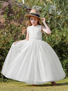 Tween Girls' White Wedding Party Dress With Petticoat And Open Back Design