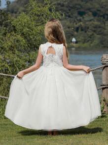 Tween Girls' White Wedding Party Dress With Petticoat And Open Back Design