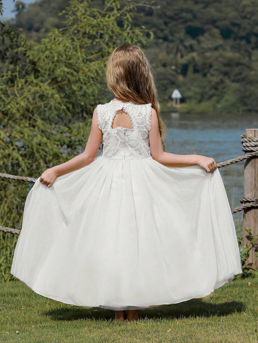 Tween Girls' White Wedding Party Dress With Petticoat And Open Back Design
