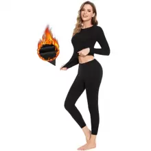 女士保暖内衣套装，长袖柔软宽松剪裁，保暖内衬上衣和裤子，寒冷天气打底 - 黑色 - 查看 1