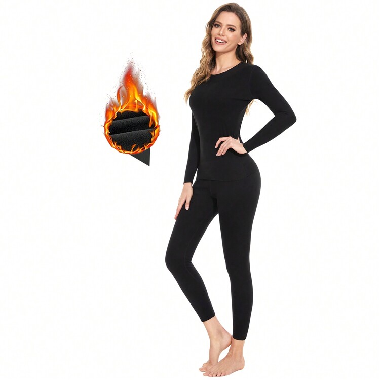 女士保暖内衣套装，长袖柔软宽松剪裁，保暖内衬上衣和裤子，寒冷天气打底 - 黑色 - 查看 2