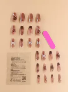 24入組長棺材形狀的人造指甲，附1塊指甲檔和1塊果凍膠壓克力指甲補給品 - 彩色 - 查看 2
