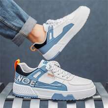 男士运动鞋青年滑板鞋时尚百搭新款小白鞋街拍圆头平底防滑透气pu皮面休闲运动鞋 - 藍色 - 查看 6